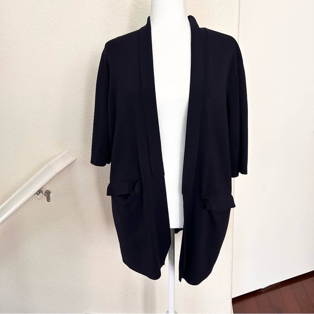 COS Navy Open Cardigan Pleated Back Oversized M Heavyweight 3/4 Sleeve Minimalis